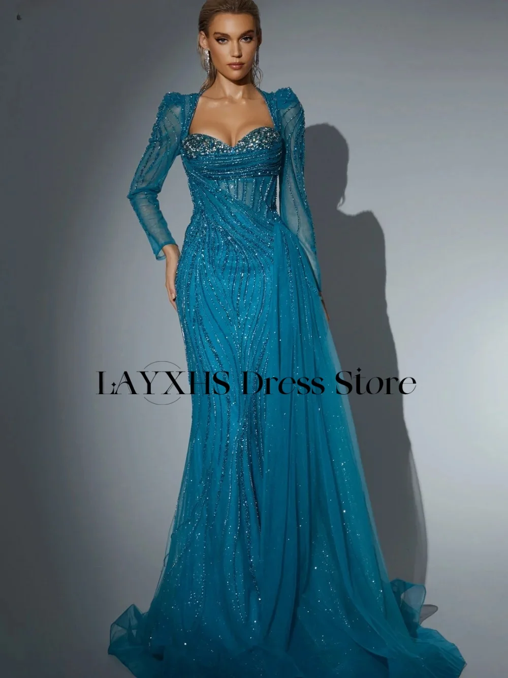 

LAYXHS Gorgeous Square Neck Evening Dresses Mermaid Long Sleeves Lace Beaded Prom Dresses Customized فساتين سهرات