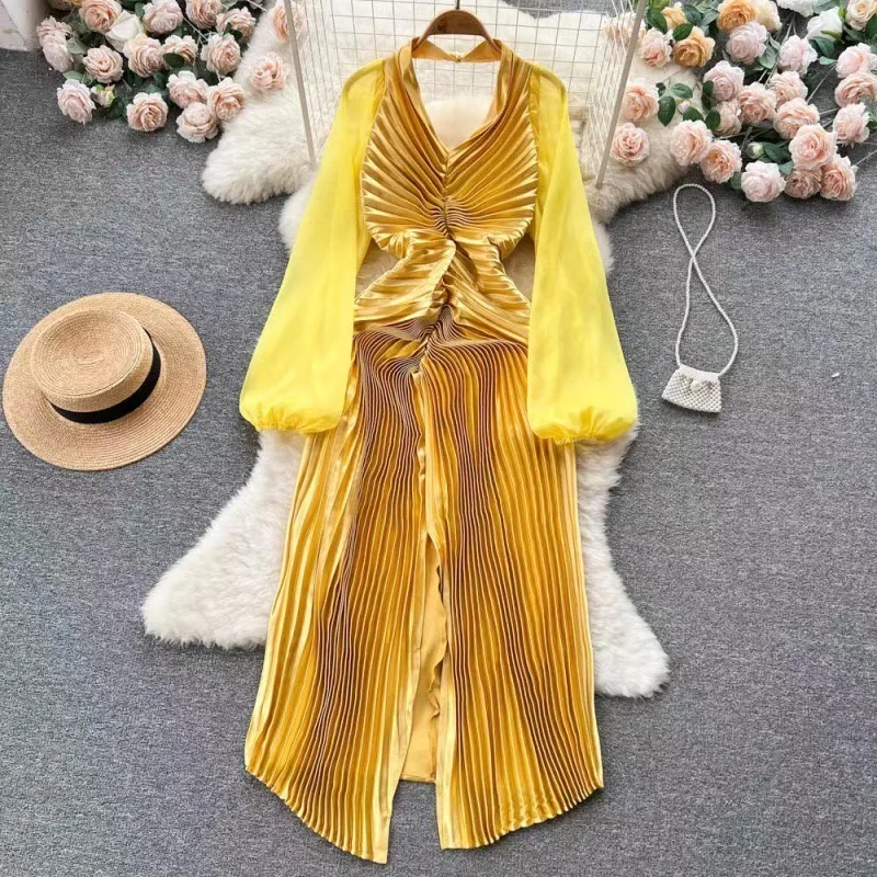 

Gold Shimmer Wavsiyier High Waist Boho Luxury Evening Party Dresses Women Runway Long Sleeve Elegant Dress Autumn Spring Dresses