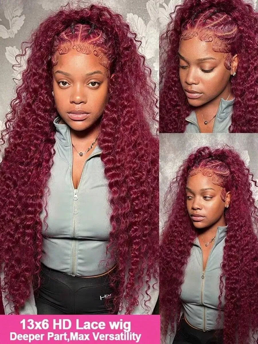 99J Burgundy Deep Wave HD Lace Front Wigs Pre Plucked 13x4 Curly Lace Front Wigs Human Hair 99j Red Wine 13x6 Deep Curly Wigs - Image 4