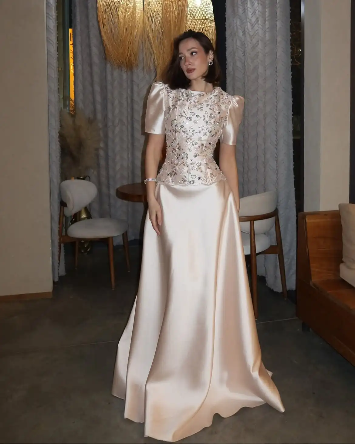 Women's Formal Evening Gowns Champagne Beaded Bodice Evening Dresses Elegant Party Dresses Short Puff Sleeve Satin Gown