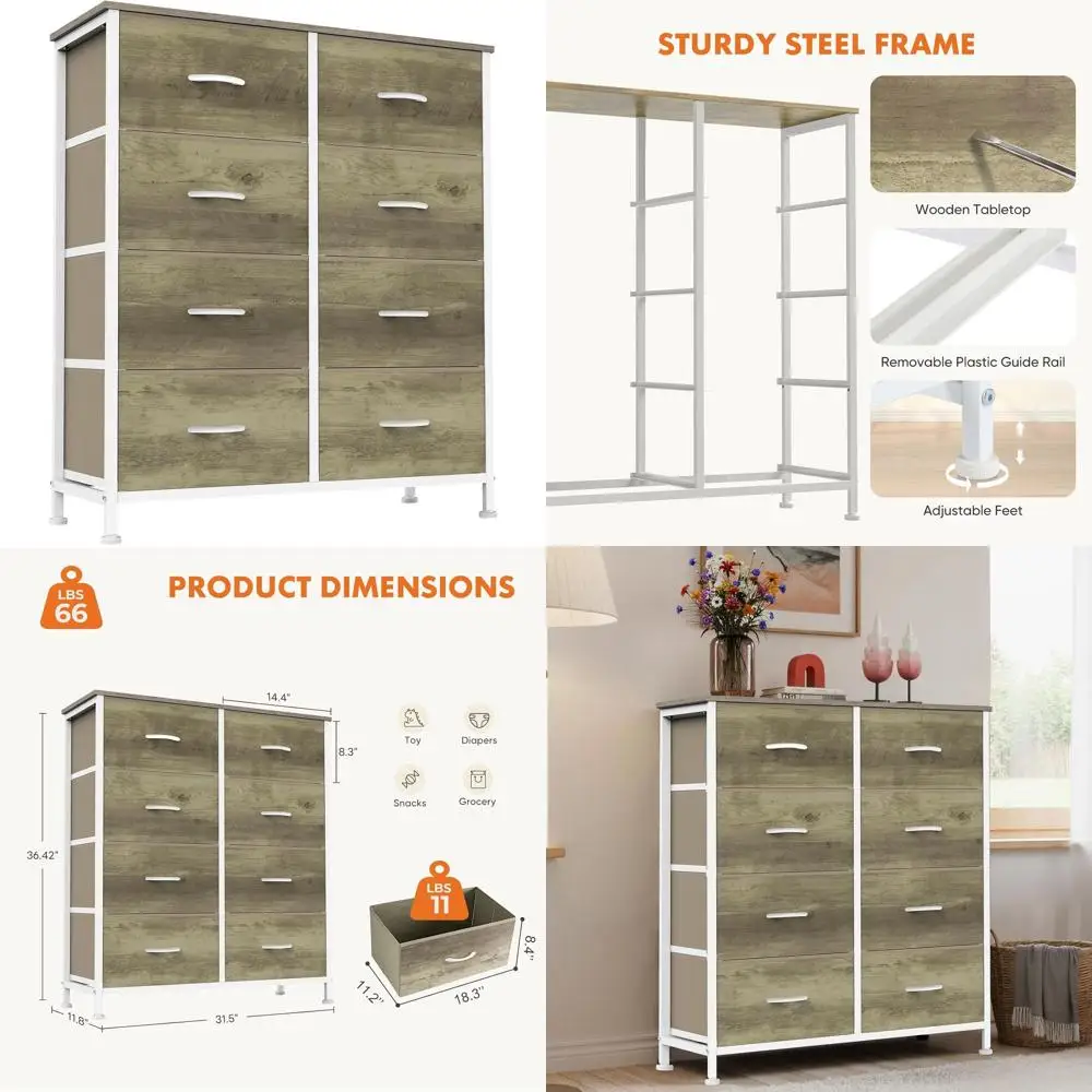 

Large Fabric Storage Tower with Metal Frame and Wooden Top for Bedroom, Nursery, Closet, Living Room, and Entryway in Oak Finish