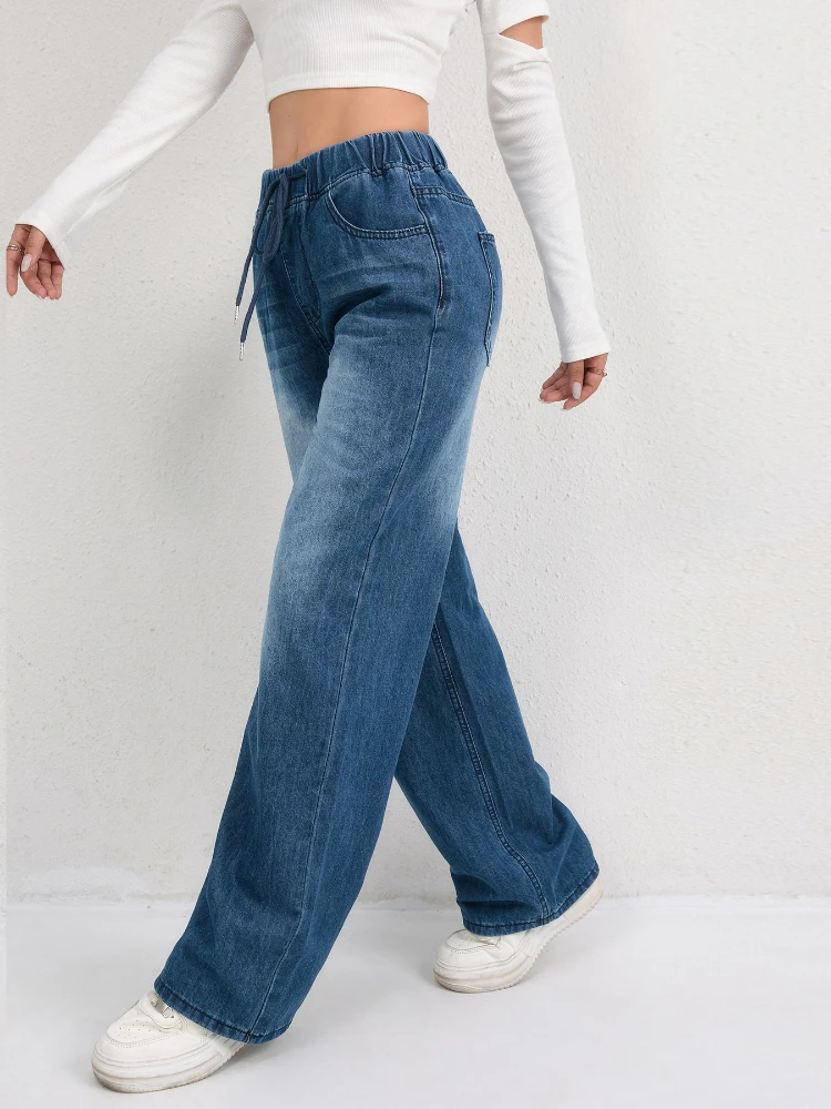 Pantalones vaqueros de pierna ancha para mujer, vaqueros lavados con cintura elástica, pantalones vaqueros con cordones, ropa de calle Vintage desgastada, pantalones sueltos de longitud