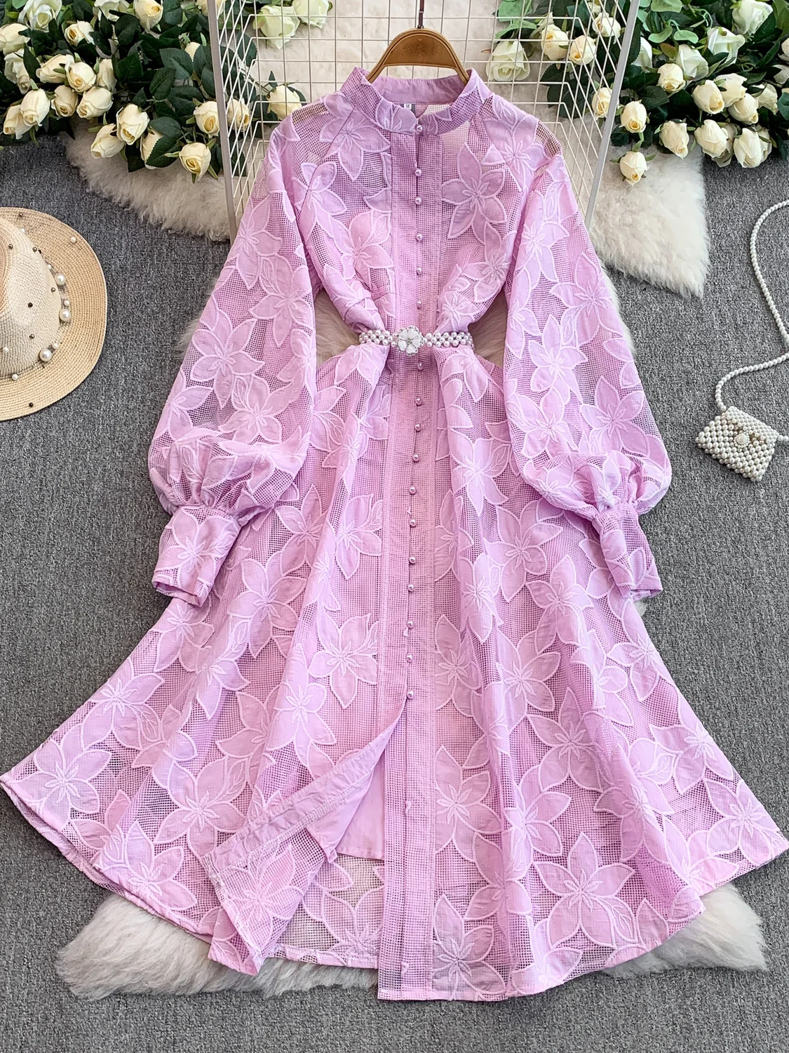 فستان نسائي مجوف مطرز باللون الأرجواني الفاتح عتيق أنيق بأكمام طويلة فساتين فاخرة Y2k ملابس حفلات قطعة واحدة 2025 #1