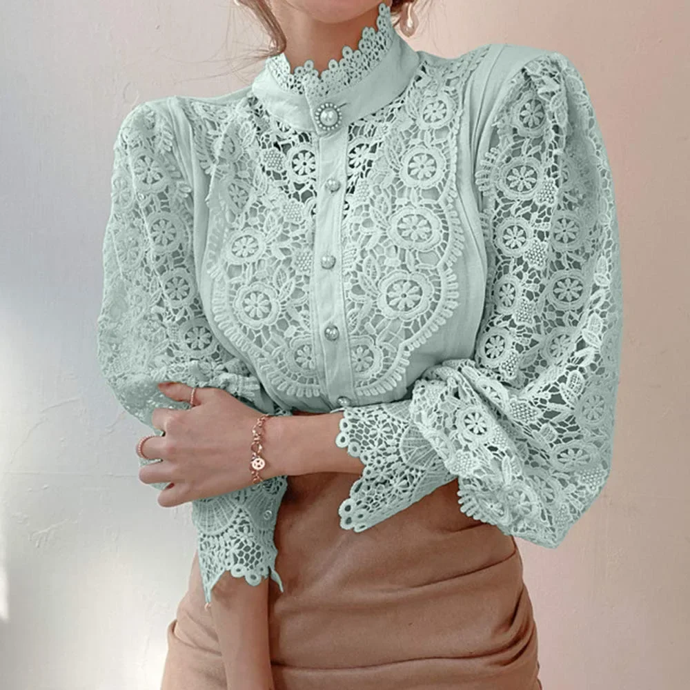 Korean version of women's temperament solid color stand collar hollow lace shirt pearl button blouse