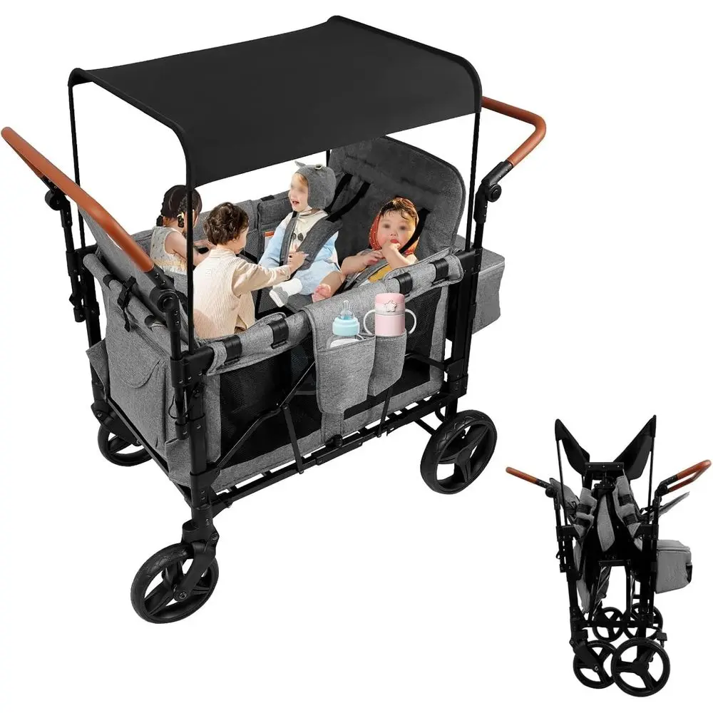 

All-Terrain 4-Child Wagon Stroller with Removable 5-Point Harness and Storage Organizer, Suitable for Outdoor Activities