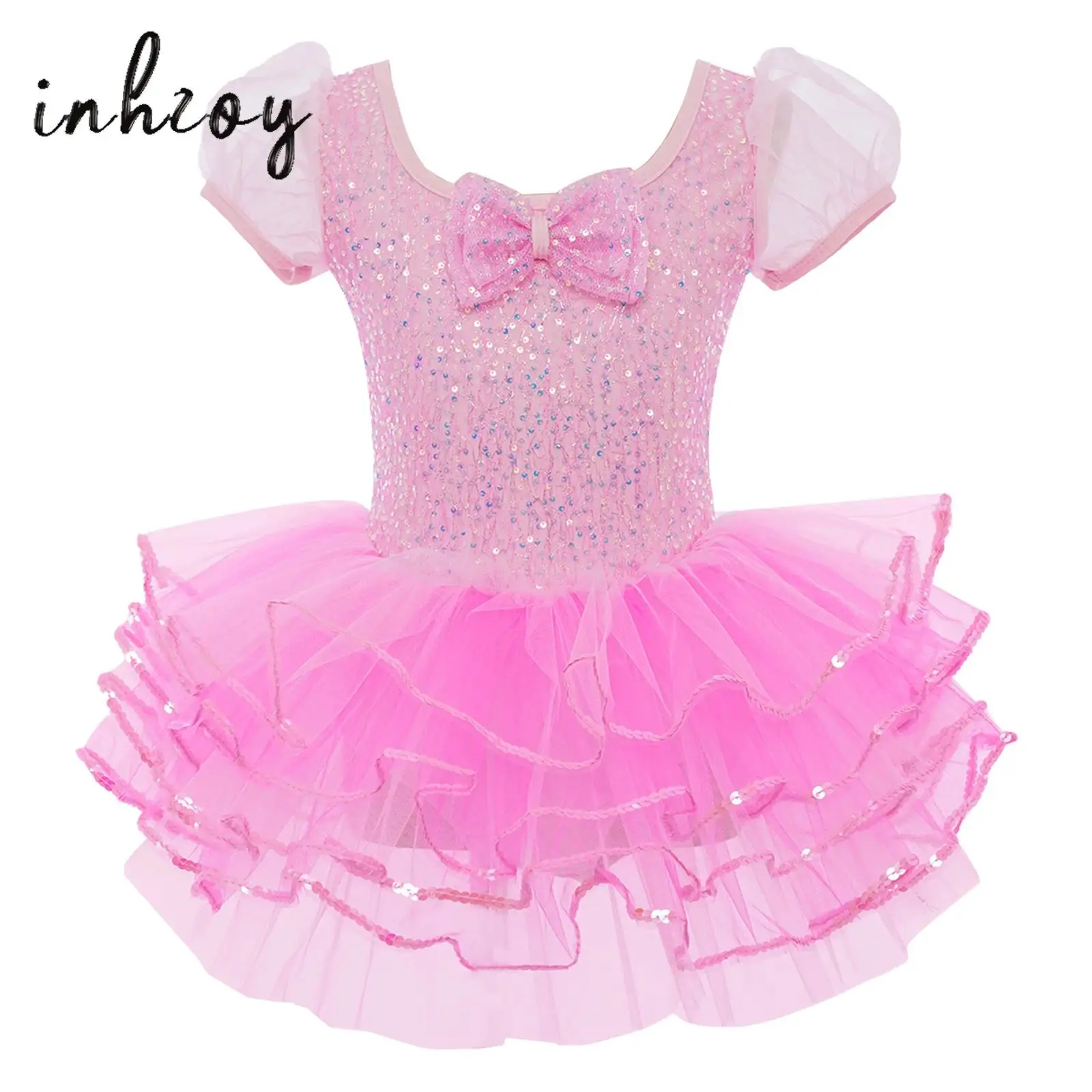 

Kids Girls Glittery Sequins Ballet Dance Dresses Short Puff Sleeves Bowknot Layered Tulle Tutu Dress Stage Performance Dancewear