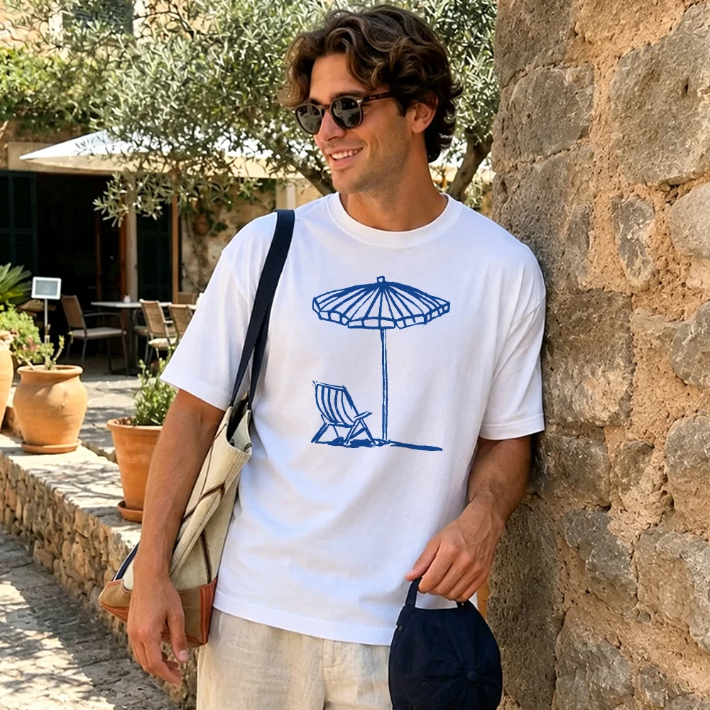 Minimalist Blue Beach Umbrella Lounge Chair Sketch Graphic Tees Simple Vacation Coastal Print Men Casual Summer Holiday Tees