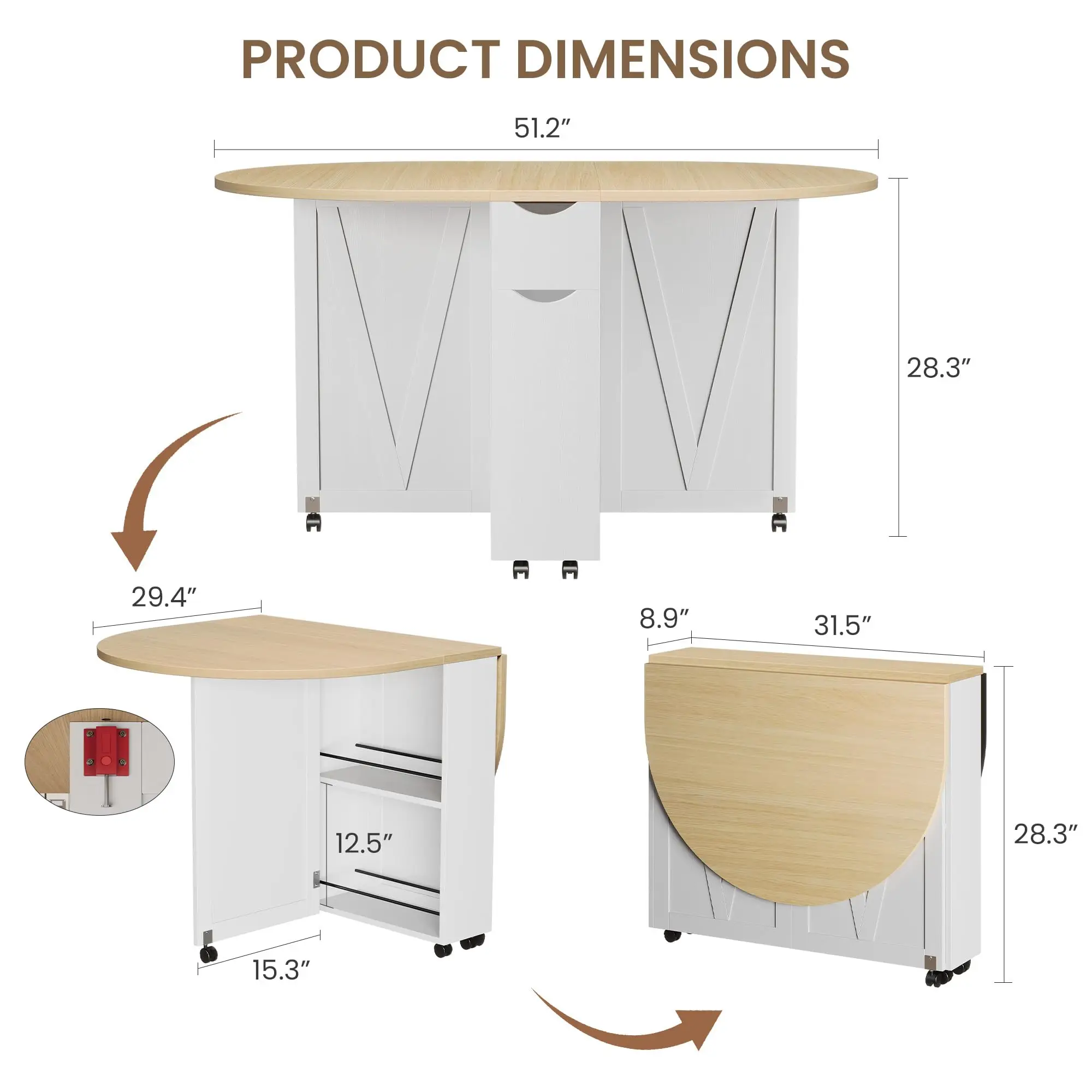 Folding Dining Table with 2-Layer Storage Shelvese,Multi-Functional Kitchen and Dining Table with Lockable Casters for Small Space