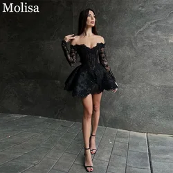 MOLISA Off Shoulder Long Sleeve Homecoming Dress for Juniors Mini Black Lace Tulle A-Line Cocktail Club Party Dresses Teens