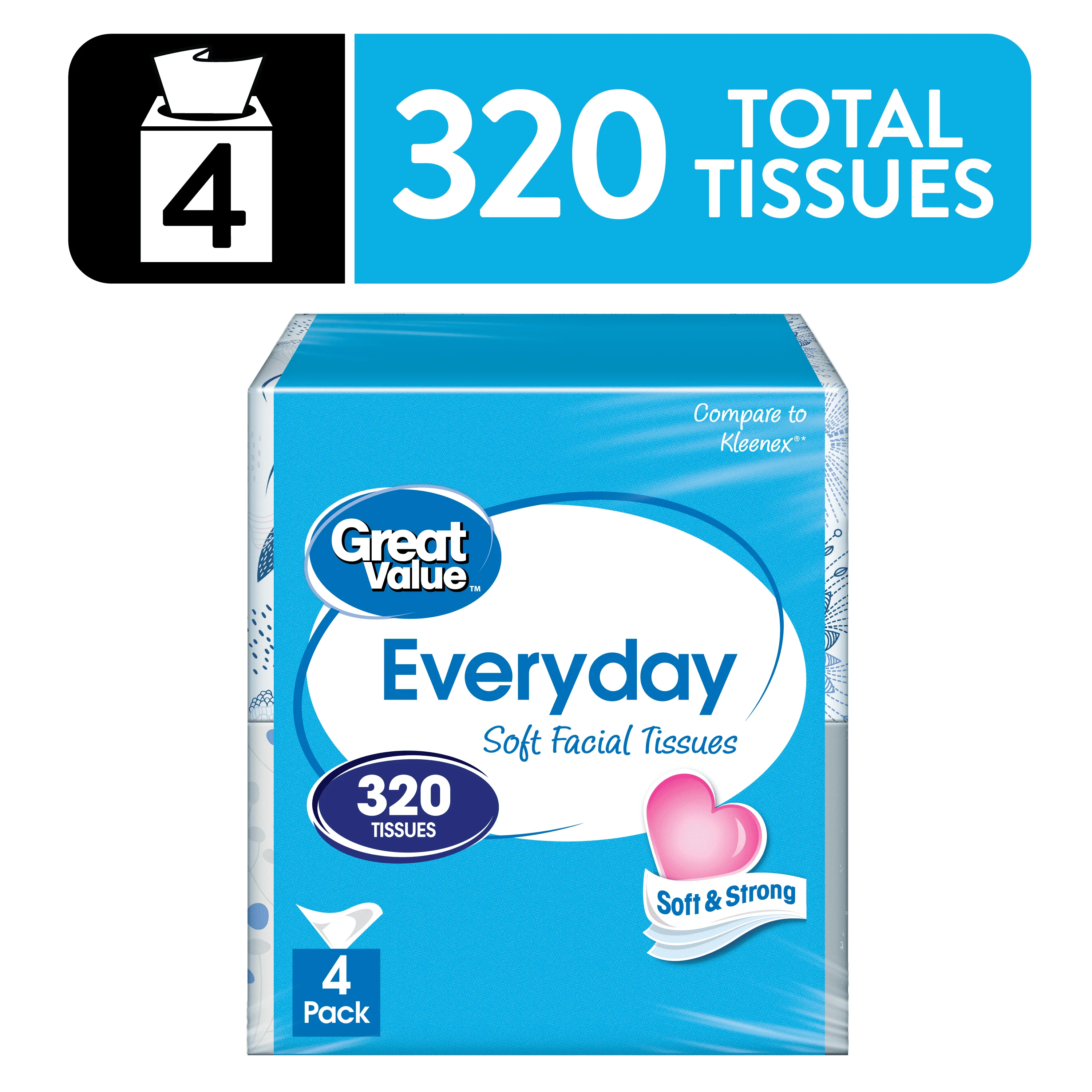 6 Pack Great Value Everyday Soft Facial Tissues 4 Cube Cartons 80 Tissues Per Cube 2 Ply Blue Soft Strong