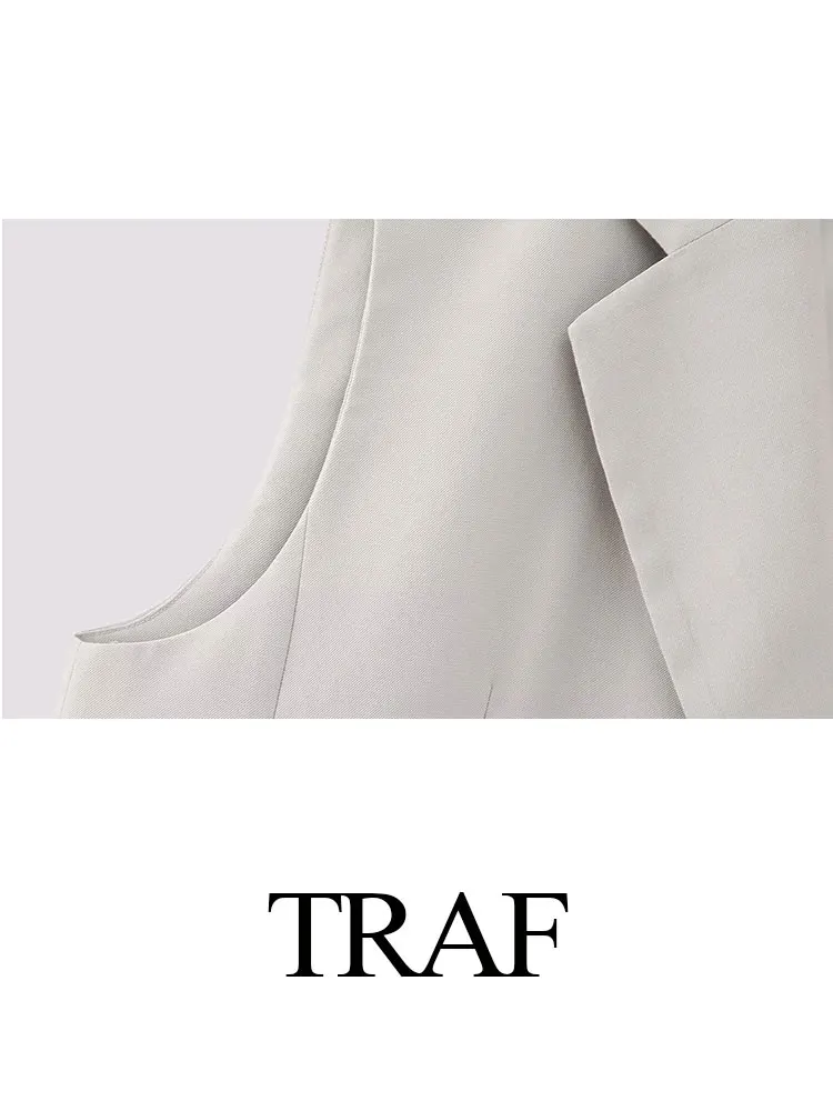 TRAF 2023 Trend Women Fashion Pants Suits Back Slit Lapel Tops + With Button Decoration High Waist Office Lady Casual Long Pants