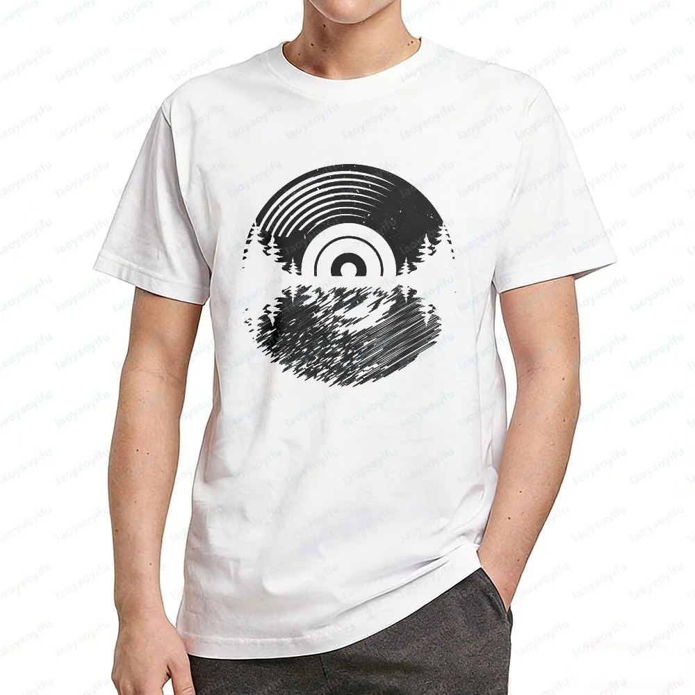 Vintage Vinyl T-Shirt Forest Record Landscape Print Tops Music Collector Cotton Tee Retro 90s Fashion Streetwear Men's Clothing