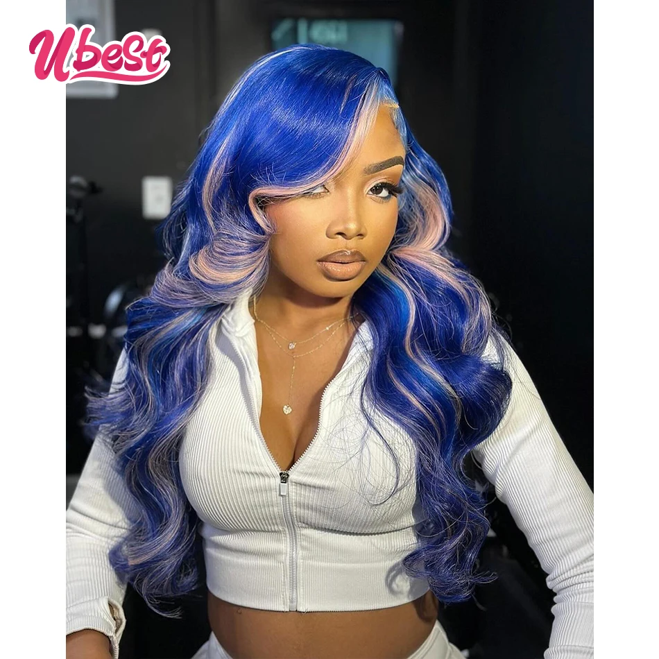 Blue With Pink 613 Colored 13X6 Body Wave Transparent Lace Front Wigs 100% Human Hair 200% Density Brazilian Hair Remy Hair Wig