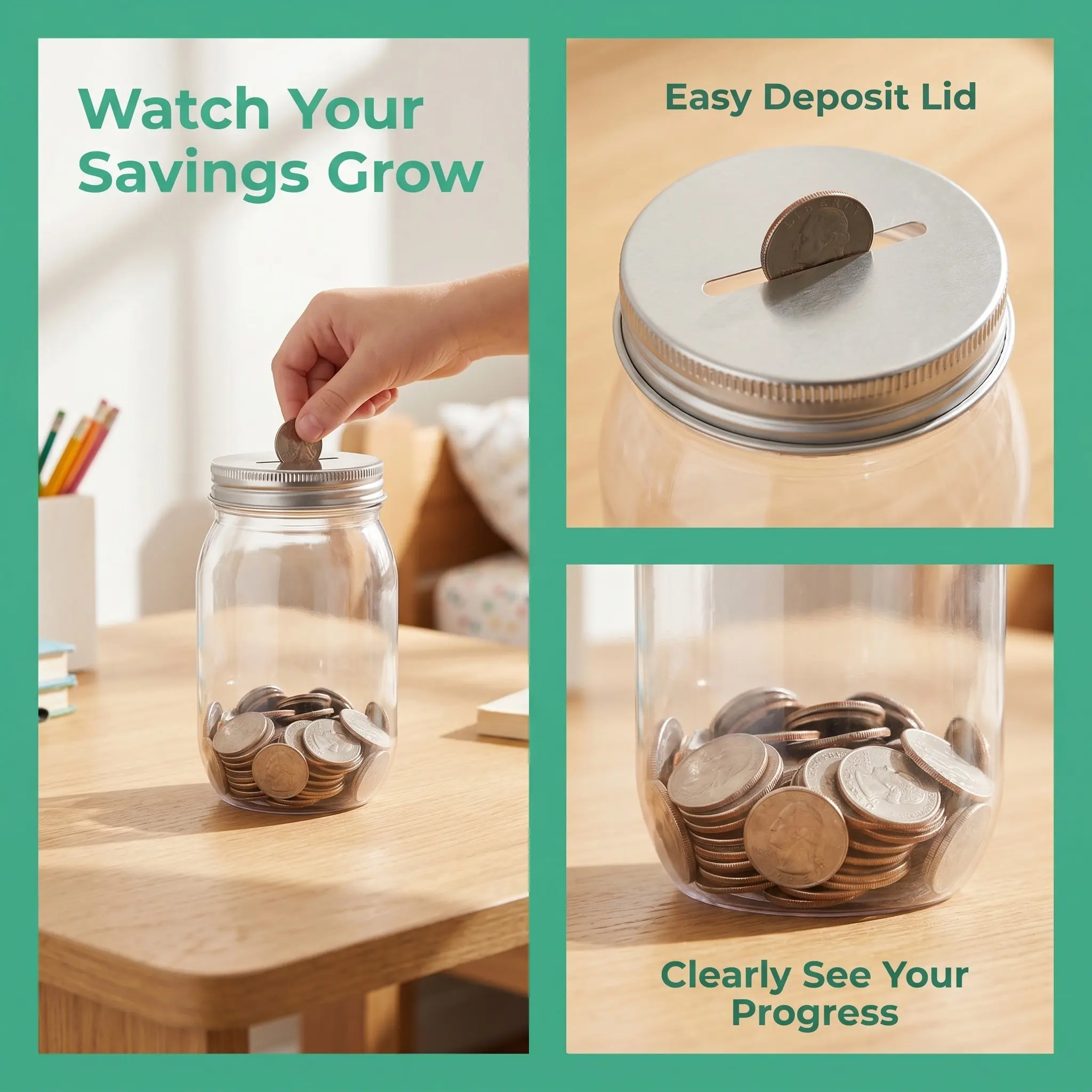 4Pcs Clear Plastic Savings Jars Silver Slotted Lids Coin Bank Mason Jars Home Office Kids Transparent Money Saving Box