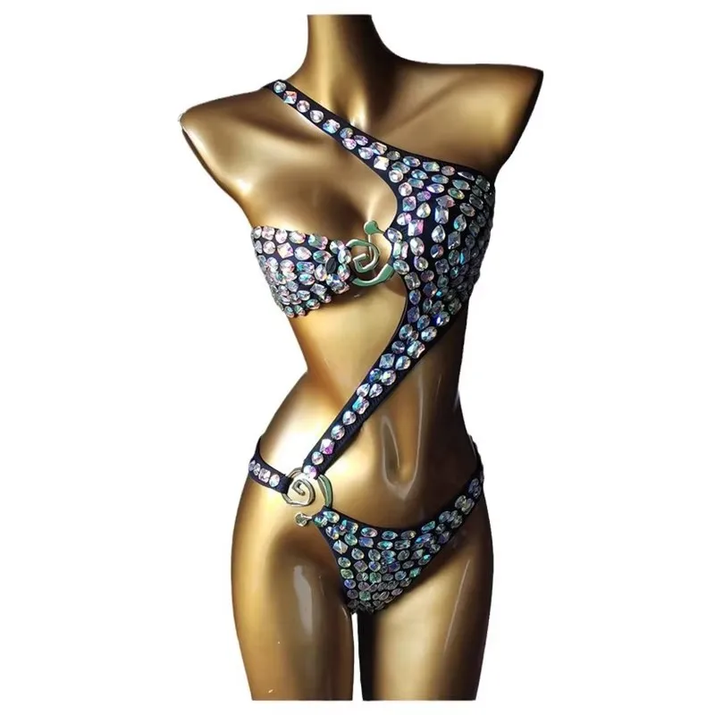Damski strój kąpielowy bikini z kryształkami, czarno-różowy, jednoczęściowy, na plażę, do klubu nocnego, baru, dla DJ-a, do tańca na rurze, kostium sceniczny ﻿