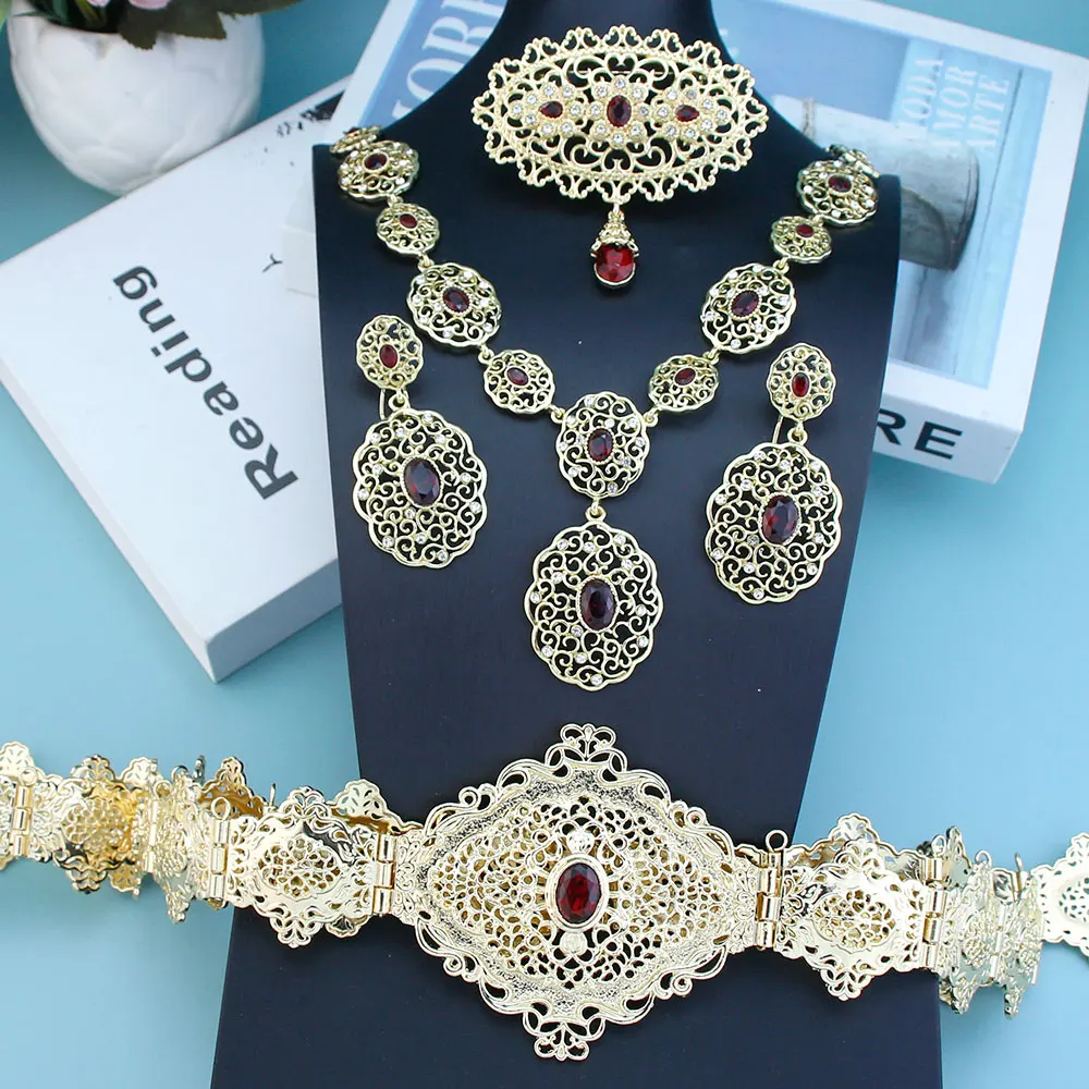 Neovisson Morocco Shining Jewelry Sets Gold Color Arabian Belt Earring Necklace Brooch Ladies Favorite Wedding Jewelry Gift