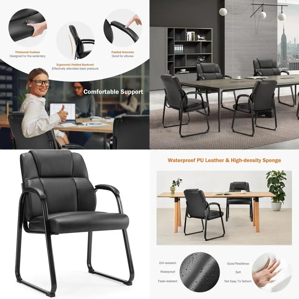 

Black Leather Stationary Office Chair with Padded Arms for Home, Conference, and Elderly Use