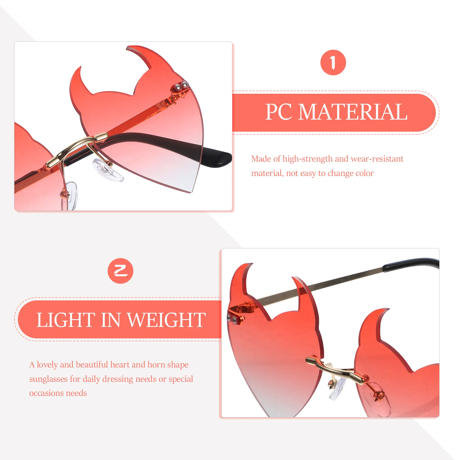 

Heart Shaped Horn Sunglasses Rimless Fashion Trendy Party Accessories Red Film Cool Glasses Women Men Beach Travel Photo Frames