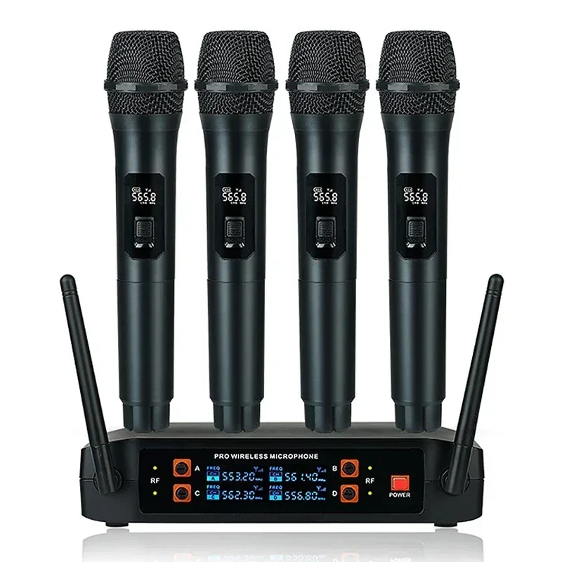 Professional VHF Wireless Microphone System 4 Channel Handheld Karaoke Microphone for Home Party Church Event PA TV Speaker