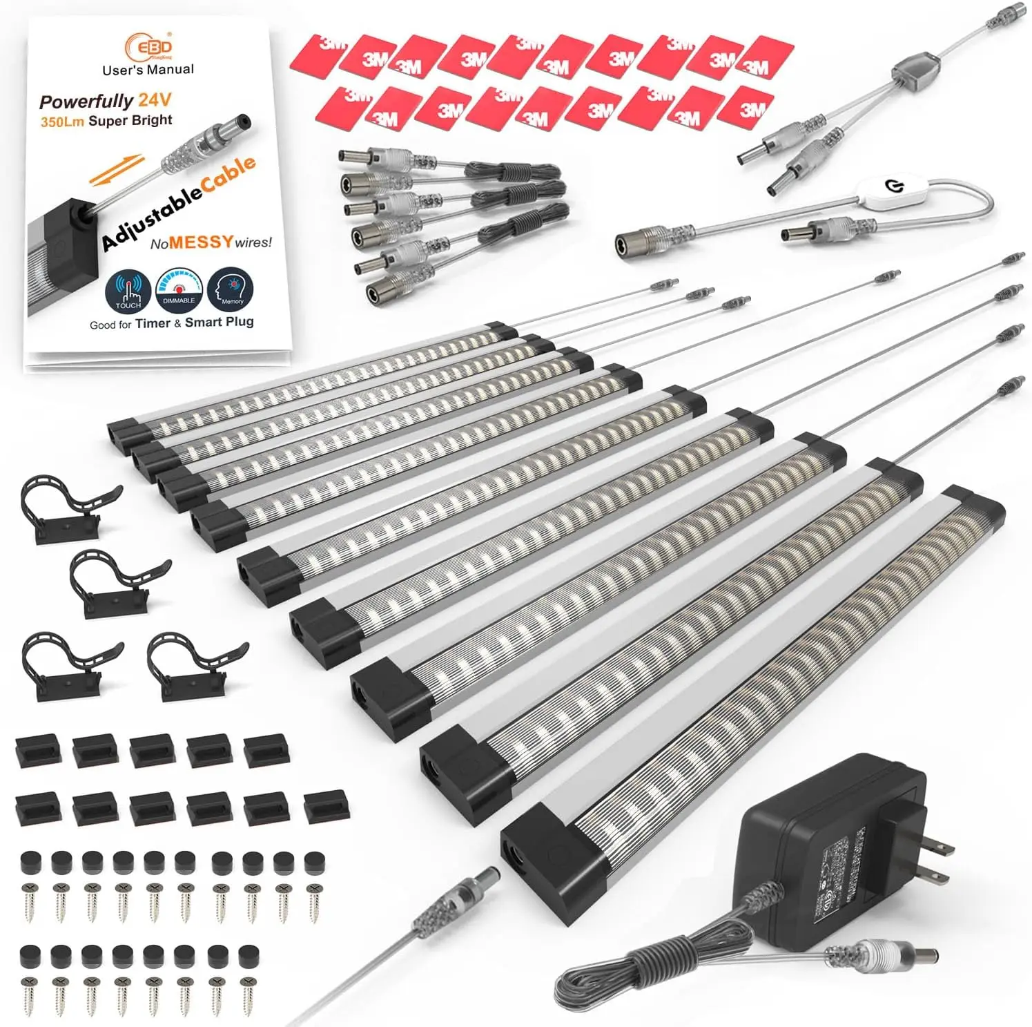 

Комплект светодиодного освещения под шкафы с сенсорным диммером, 9 шт., теплый белый свет, регулируемый кабель, простая установка для кухни