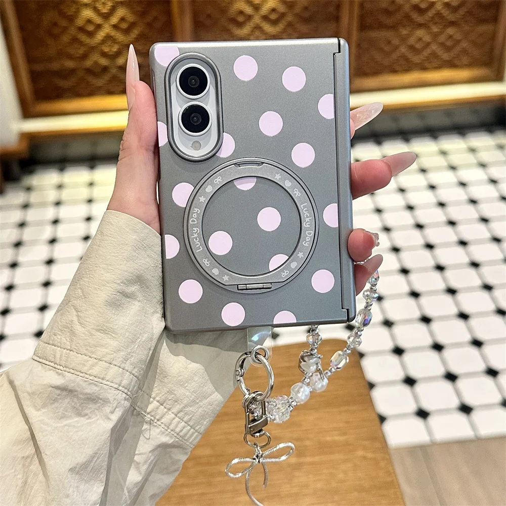 Korea Polka Dot Phone Case For Samsung Galaxy Z Fold 8 Ultra Z Fold7 6 Magnetic Rotating Stand Case With Chain Foldable Cover