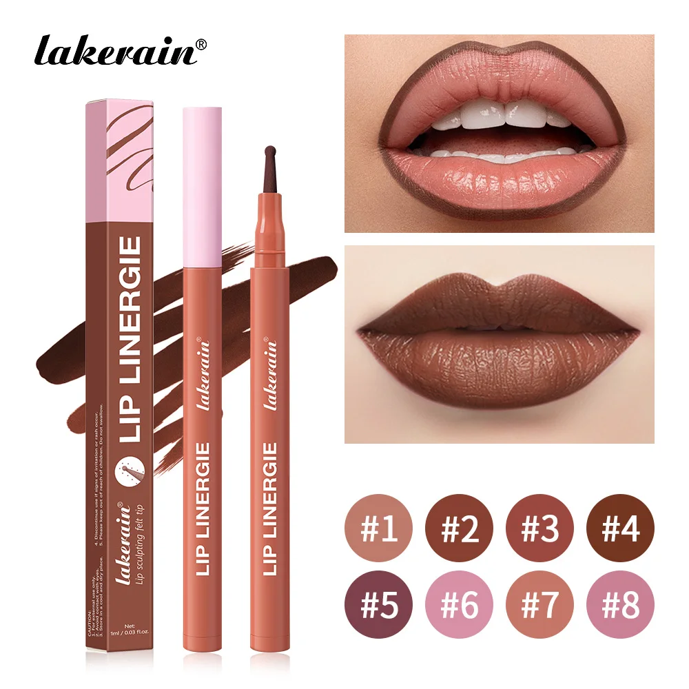 Lakerain delineador labial à prova d'água, à prova de transferência, de longa duração, estilo caneta, cabeça de feltro, design blendável, caneta para manchas