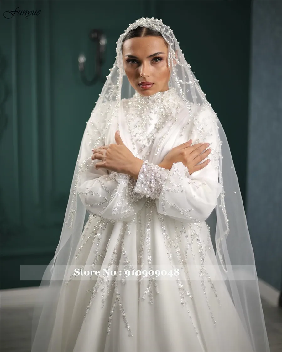 2025년 신부를 위한 펀유 히잡 무슬림 럭셔리 웨딩드레스, A라인 진주 비딩 스쿠티아 슬루브나 긴팔 신부 드레스 신상품