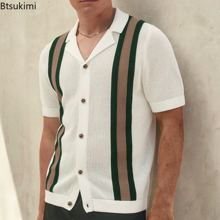 

Summer New Knitted Shirts for Men Fashion Cuban Collar Business Casual Social Polo Shirts Knit Cardigans Men Clothing Streetwear