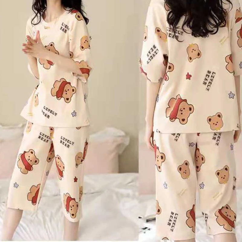 2 Pcs/set Women Short Sleeve 7 Pants Ladies Homewear Scarf Bear Short Sleeve Two Piece Autumn Ladies Pajama set School pajamas