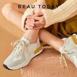 BeauToday Chunky Sneakers Women Sheepskin Patchwork Pig Suede Lace-Up Round Toe Vulcanized Sole Ladies Trainers Handmade 29158