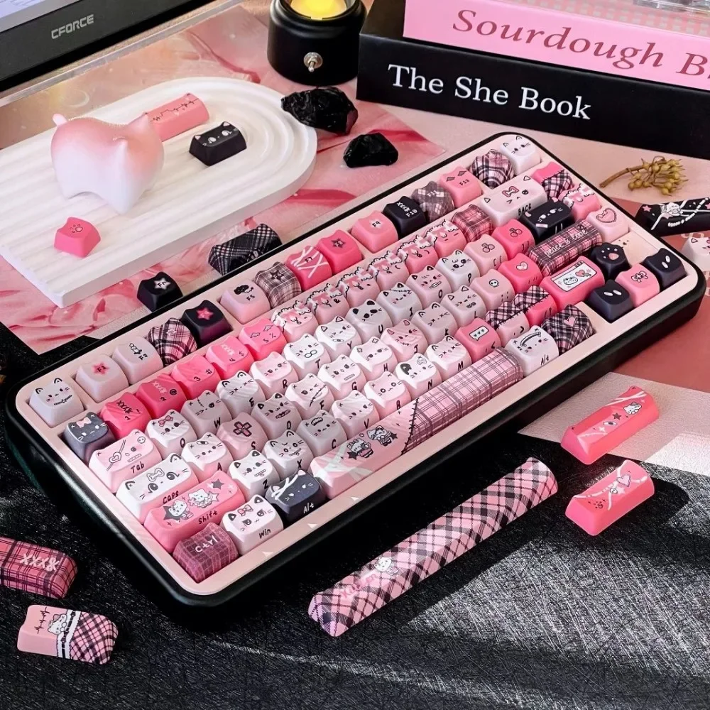 Cat Theme, Keyboard Keycap Set PBT MOA/Cherry 140 Keys, Personality, Pink Keycaps for 21/61/87/104/108 Mechanical Keyboards