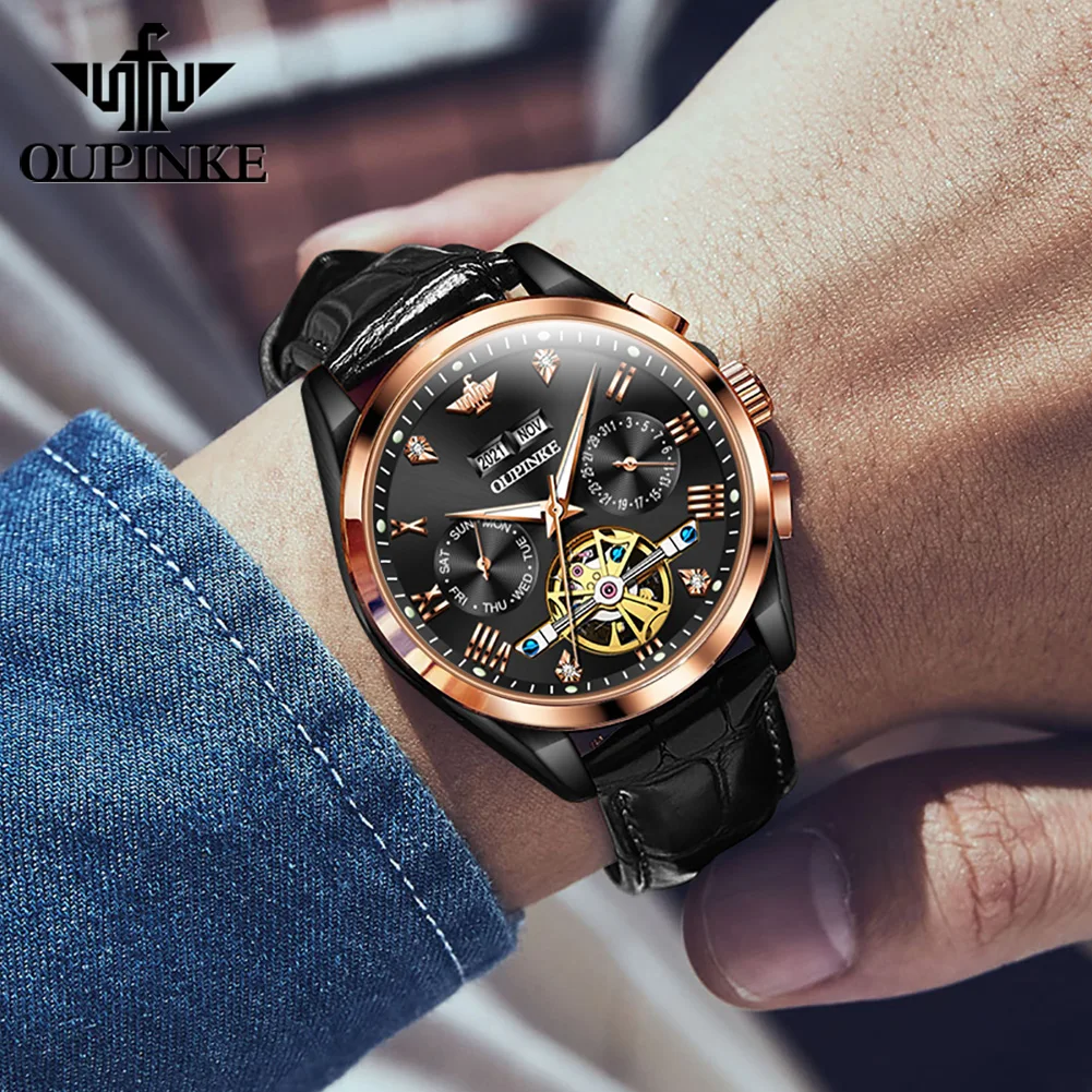 OUPINKE Orologi da uomo Casual Fashion Top Brand Orologio meccanico automatico originale per uomo Cinturino in pelle Movimento volano Data