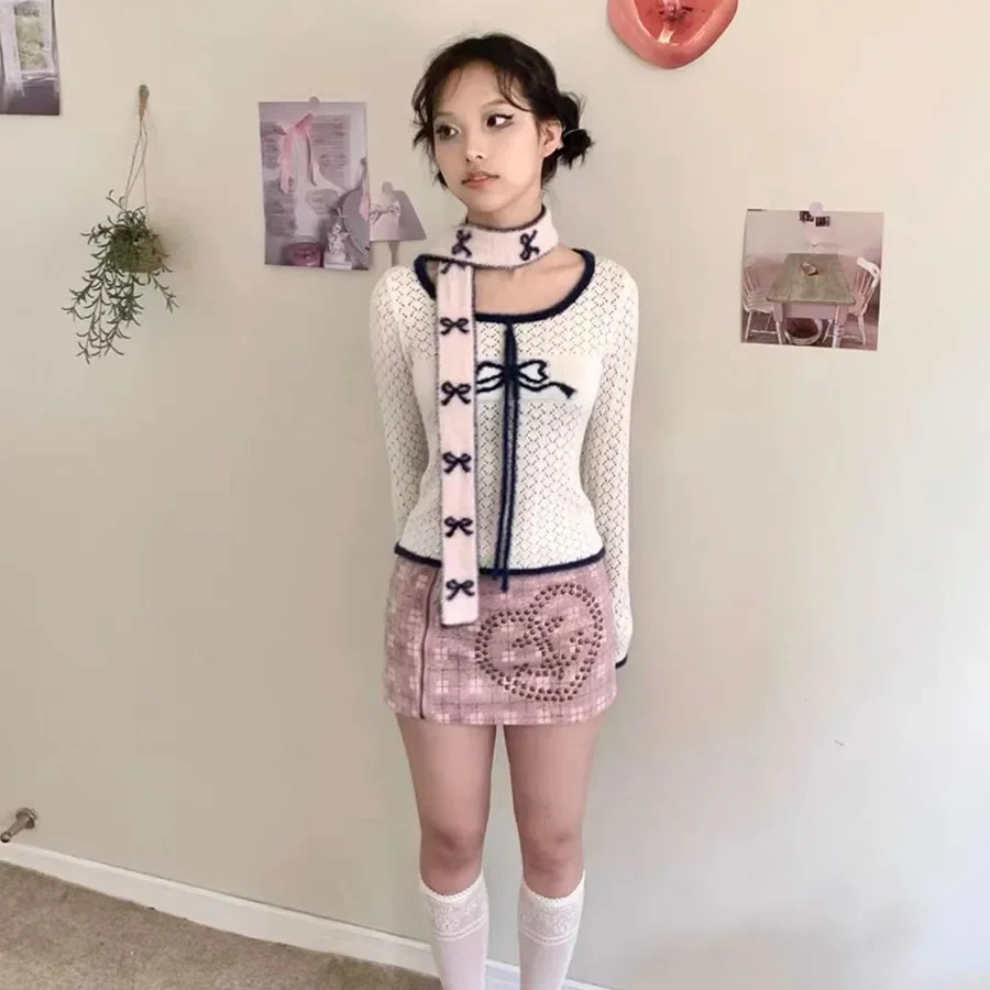 Lenço de Calor de Dois Lados, nó Y2k Laço, cachecol longo e fino, peludo, japonês, moda kawaii, Harajuku