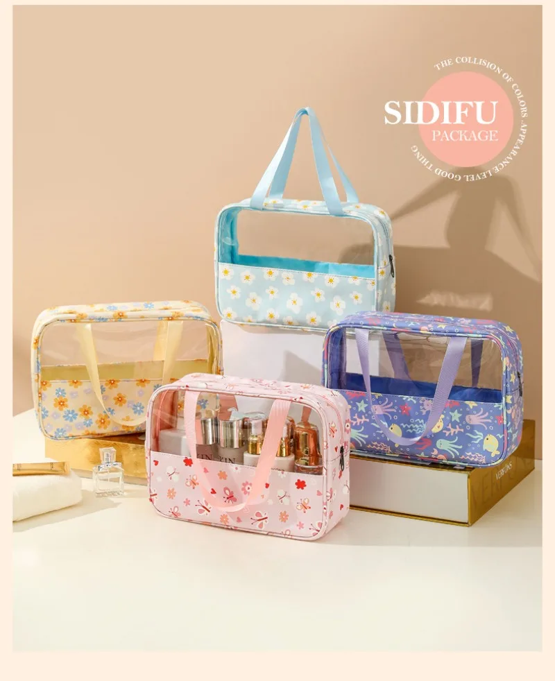 Sweet macaron transparent printed cosmetic bag large capacity splicing handbag travel portable toiletry storage bag