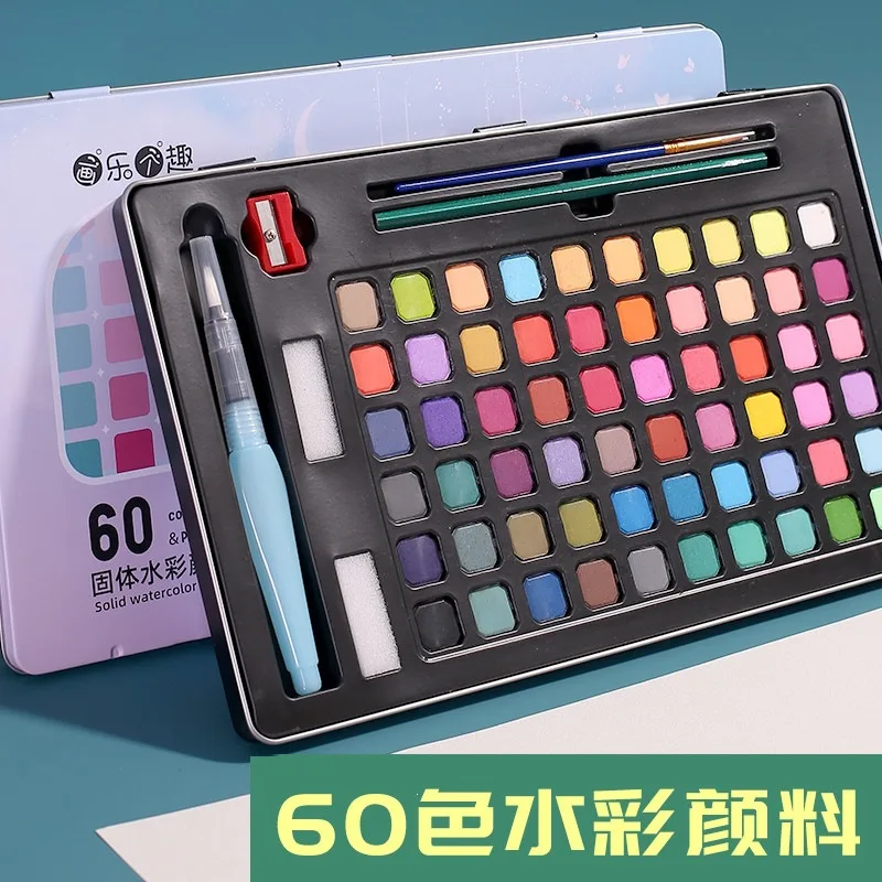 Solid Watercolor Paint Set 36 48 60 72 Colors with Water Brush Palette Sponge Sketch Pencil Watercolor Paper Travel Art Kit for