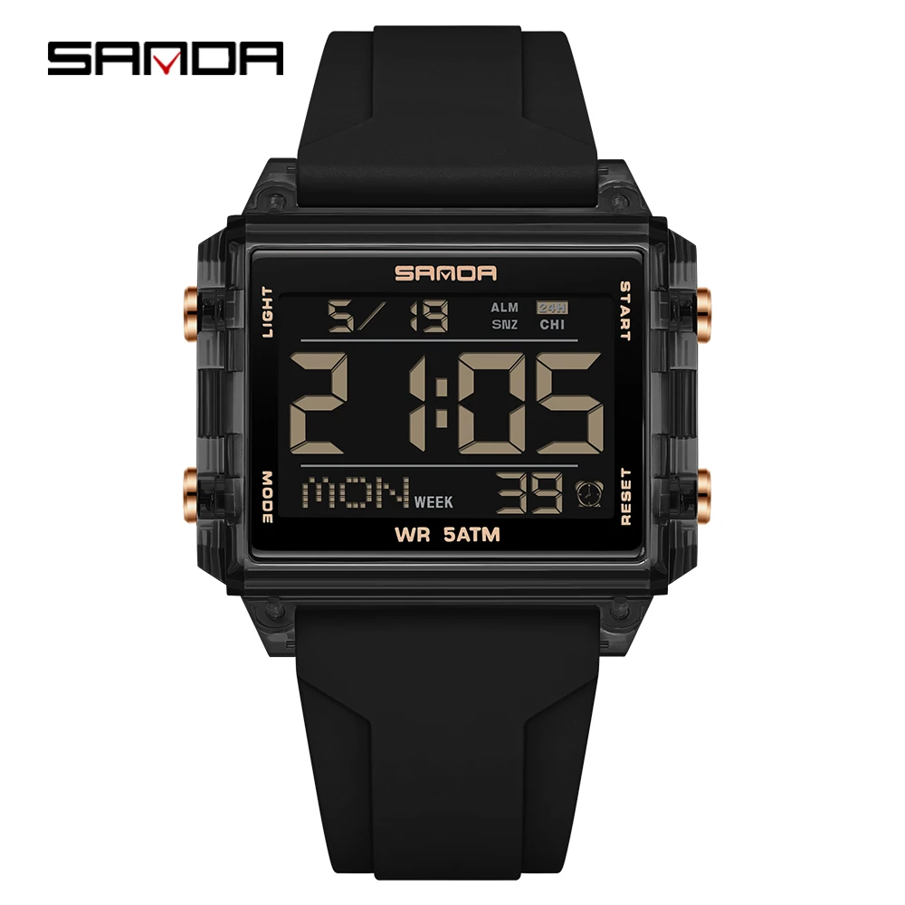 SANDA 2026 Brand 6275 Square Transparent Timing Electronic Watch Student Alarm Clock Multifunctional Waterproof Sports Watch
