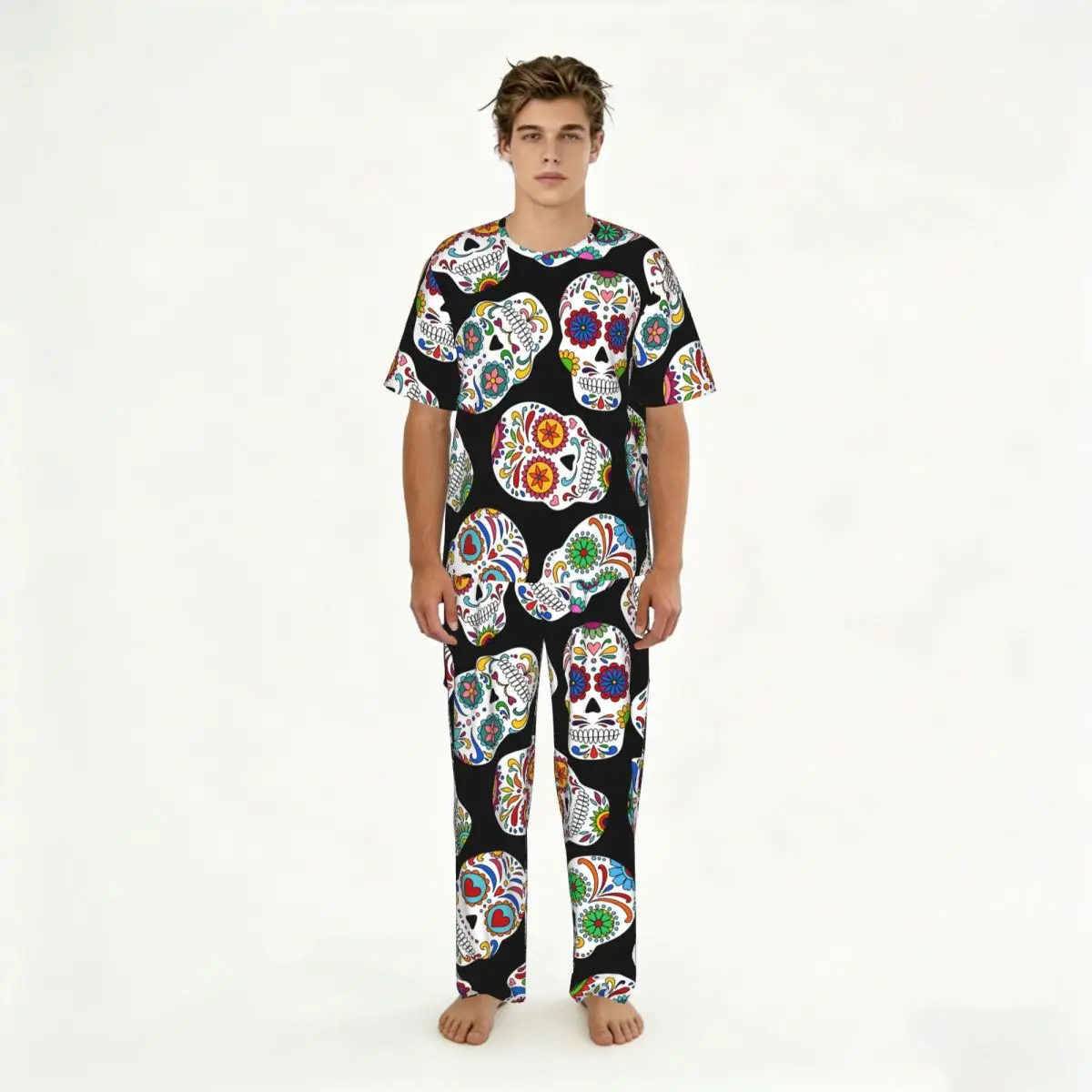 

Мужские повседневные пижамные комплекты с короткими рукавами и брюками, мужская одежда для сна, домашняя одежда с изображением сахарного черепа на День мертвых