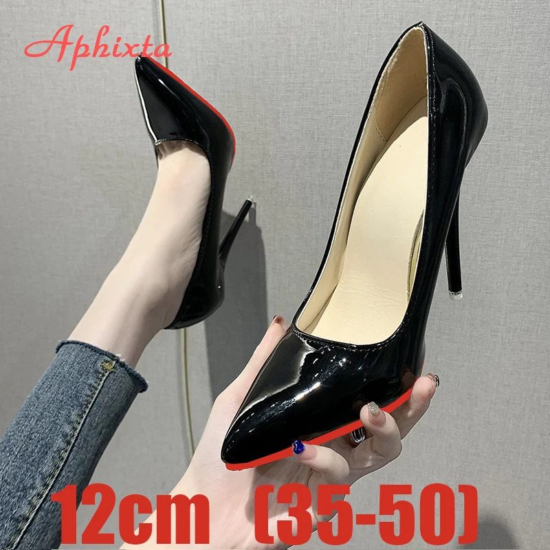 Aphixta 12cm Super High Thin Heels Pumps Women Shoes Pointed Toe Patent Leather Wedding Dress Office Femme Super Big Size 49 50