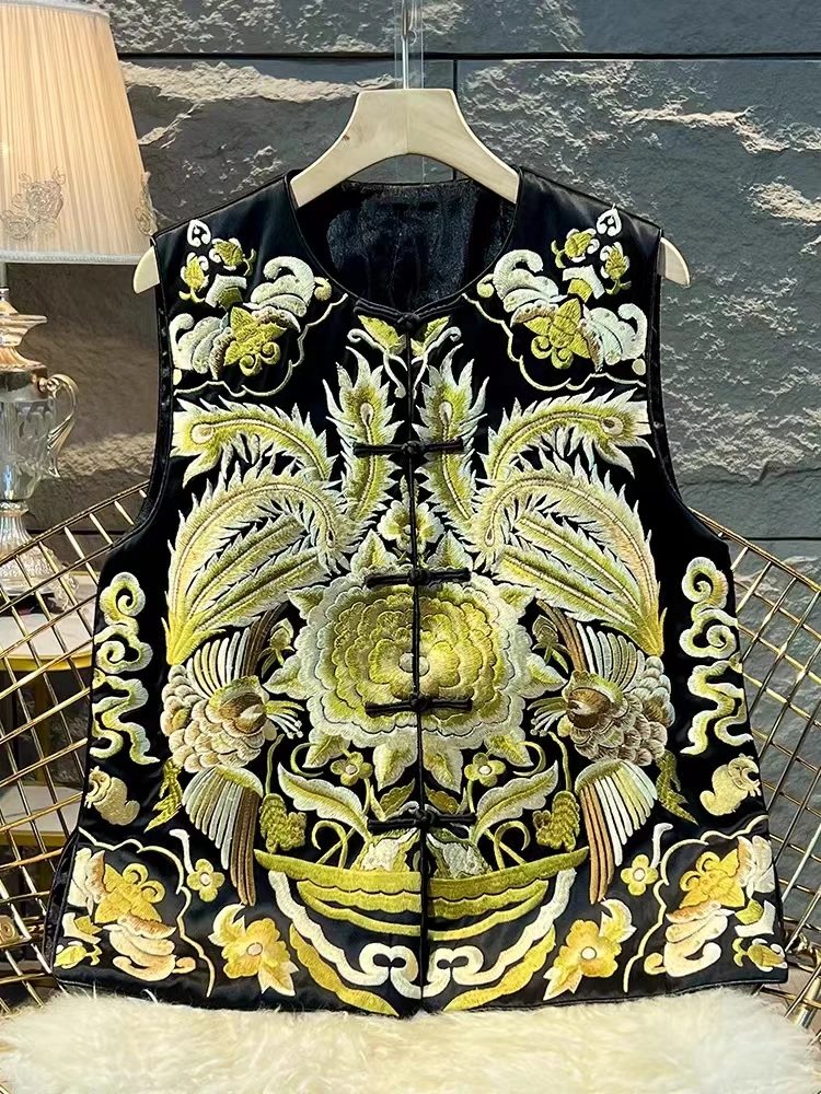 اليدوية واحدة الصدر سترة ، رائعة الفاوانيا و فينيكس التطريز ، س الرقبة خلات أكمام العلوي ، S-XXL ، أوائل الخريف موضة ، 2023