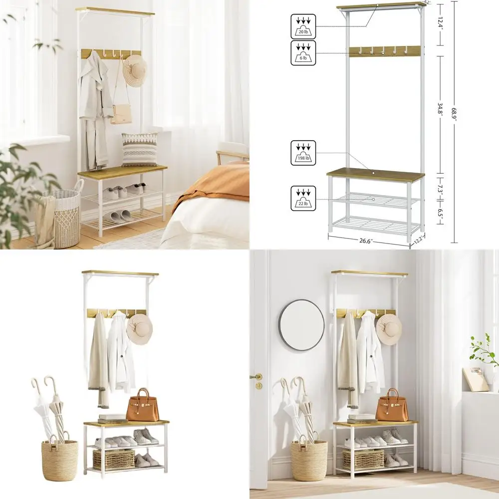 

White Wooden 3-in-1 Hall Tree with Bench, Shoe Storage, and Coat Rack featuring Metal Frame, 3 Shelves, and 5 Hooks