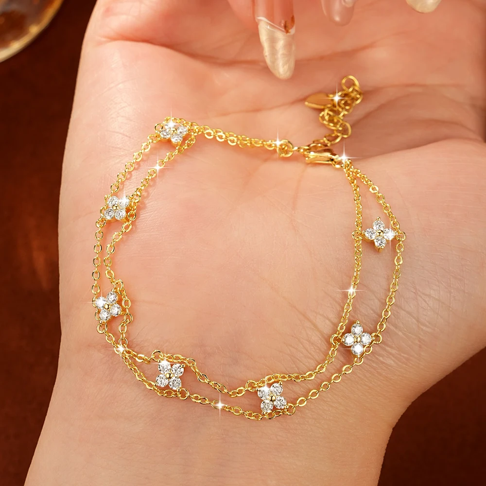 Lnkry 14K Gold Filled Armband mit vierblättriger Blume und Doppelkette für Damen, zertifiziertes 2mm rundes Moissanit-Armband, Handschmuck, Geschenk – Detail 11