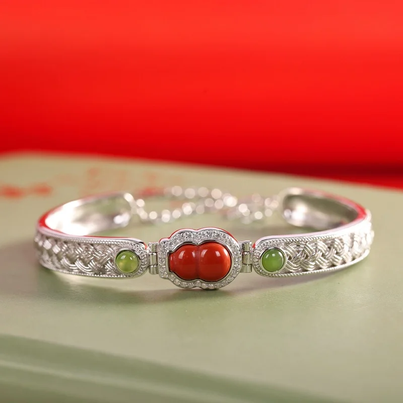 S925 Sterling Silver Bracelet for Women  New Fashion Weaven Pattern Red Agate Gourd Ethnic Style Bangle Jewelry Wholesale