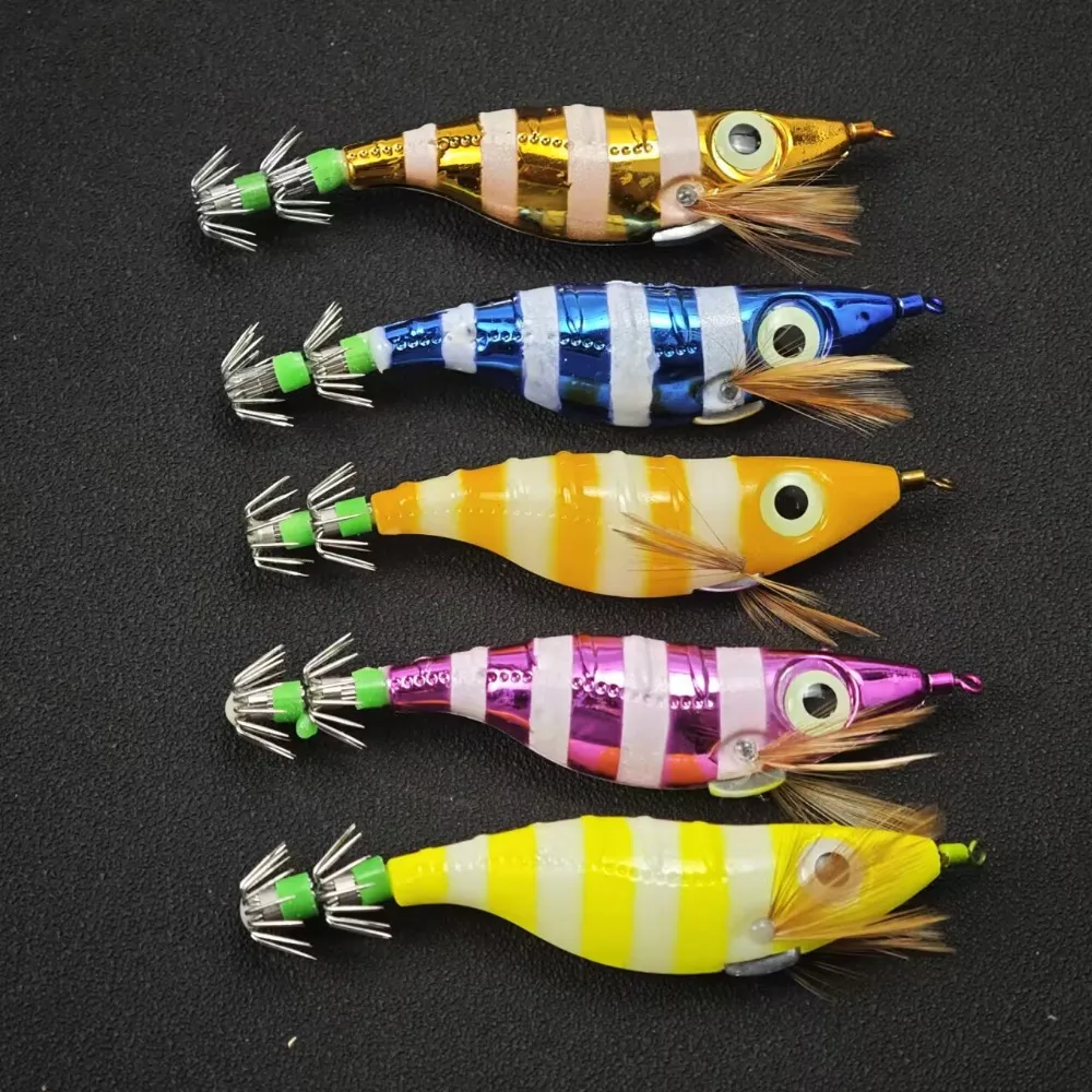 5pcs/set 10cm Horizontal Squid Jig, Luminous Wood Shrimp Egi Lure, Glow In Dark Saltwater Bait For Octopus & Cuttlefish