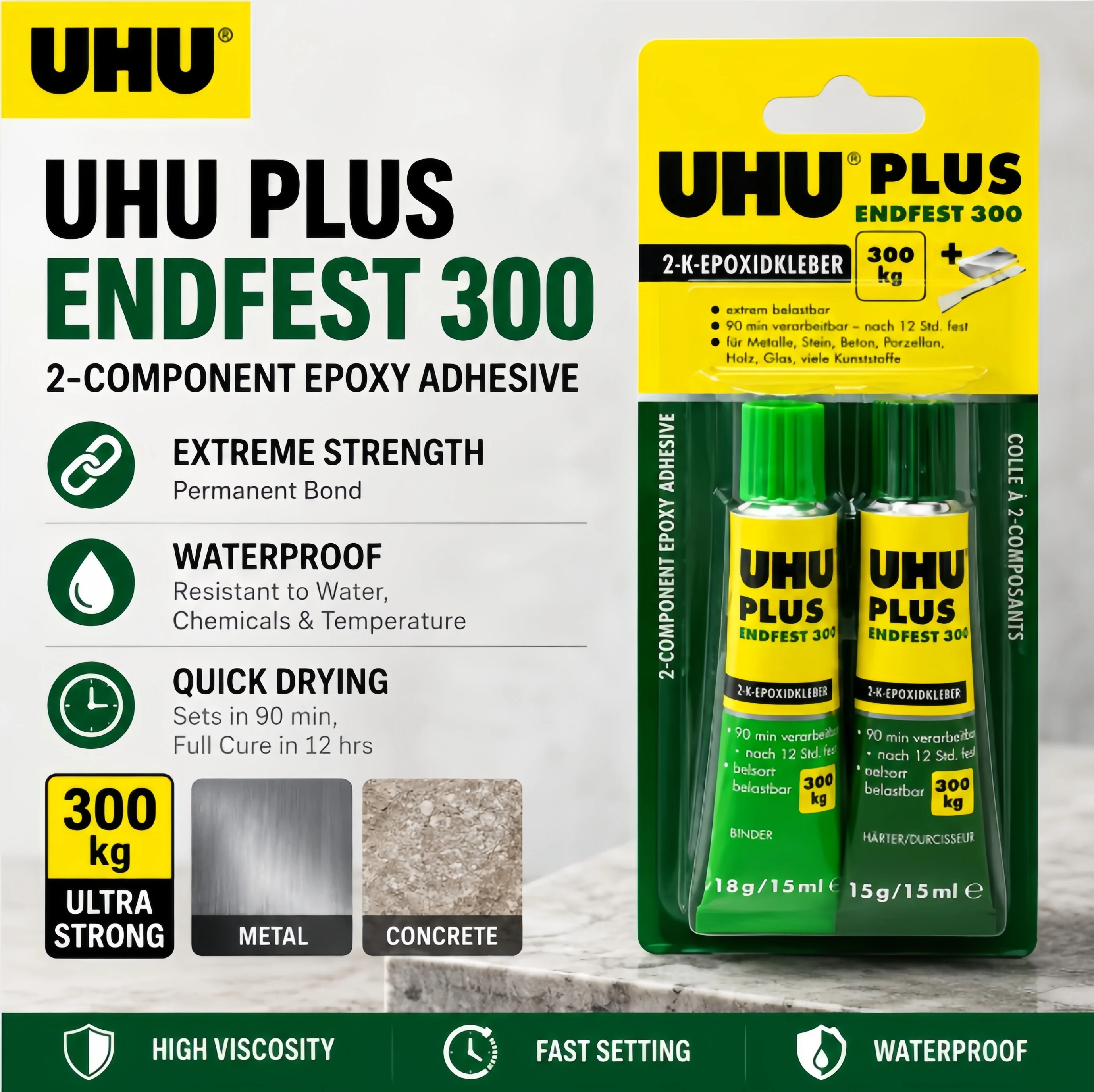 Pegamento Epóxico AB UHU Plus Endfest 300 Original, Adhesivo de Alta Resistencia para Reparación de Metal, Cerámica y Vidrio, 30 ml