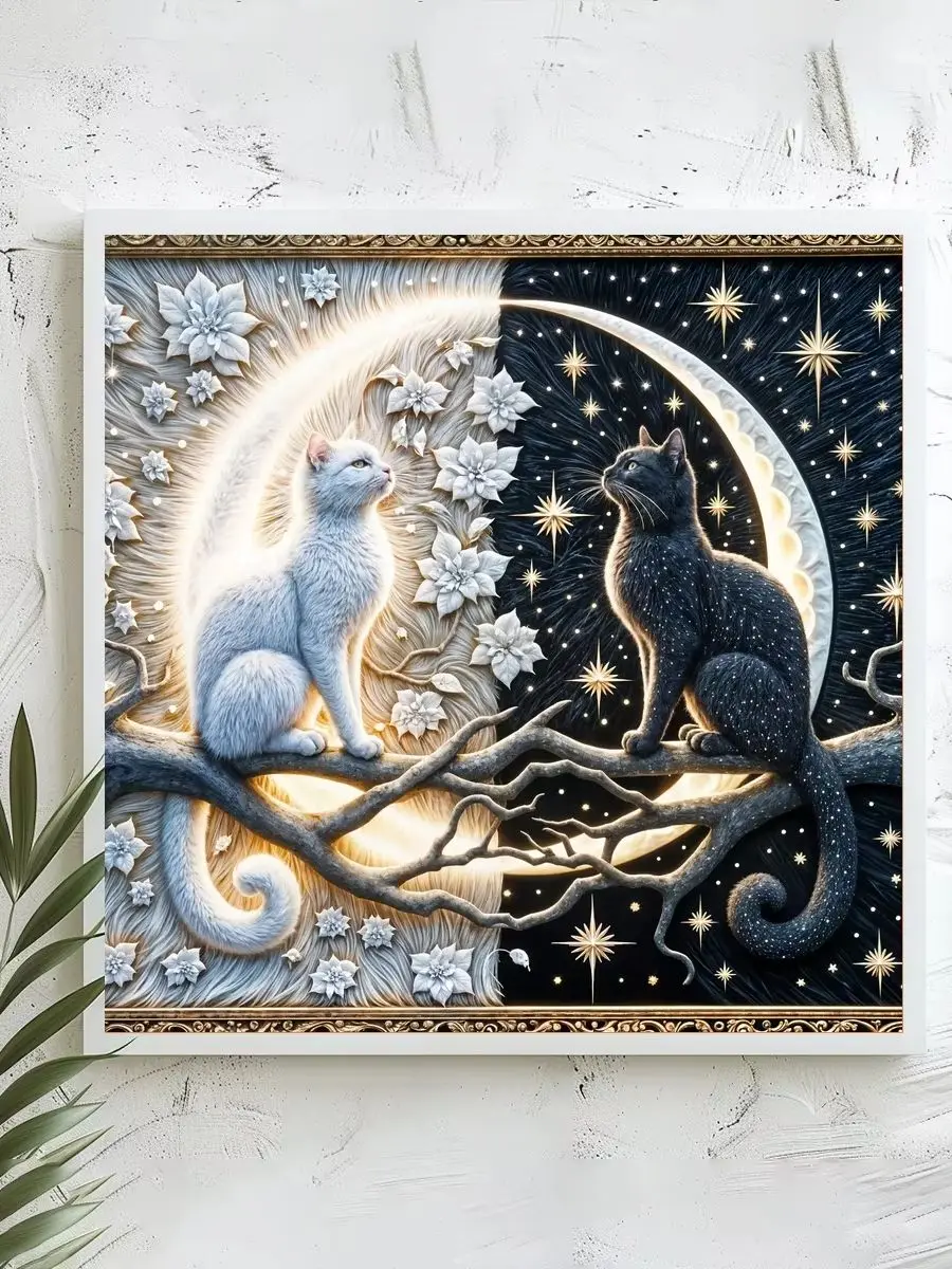 1 Stück 40x40 cm/15,74 Zoll, 11Ct/14Ct Kreuzstich-Set, DIY Valentinstagsgeschenk, Stickerei-Set für Festlichkeiten, Sonne, Mond, Katzen, Ast – Detail 1