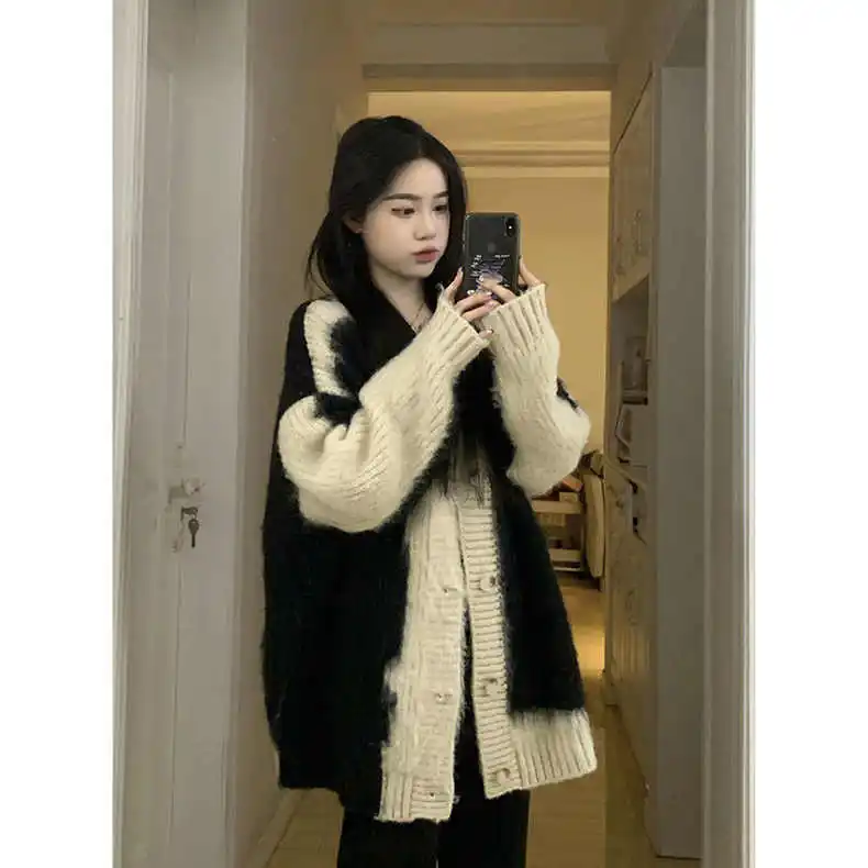 

Sweaters Jumpers Cardigans Womens Japanese High School Alpaca Blend Ribbed Border Slim Plaid BF Y2K Time Professional Minimal OL