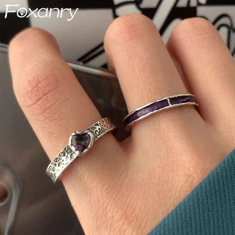 FOXANRY Purple Zircons LOVE Heart Rings Party Jewelry for Women Couples New Fashion Vintage Punk Holiday Accessories Gifts