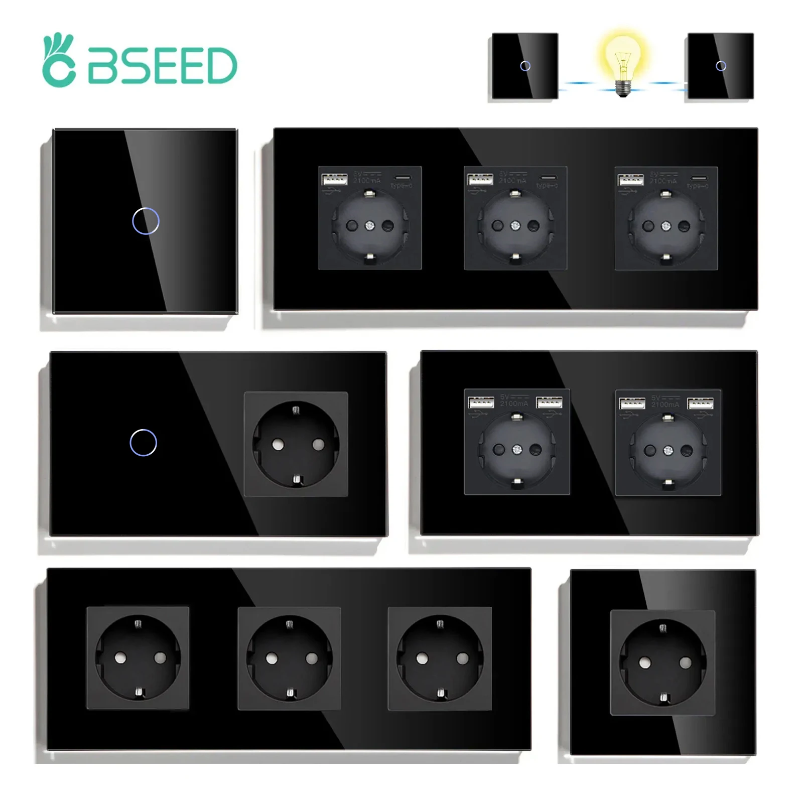 BSEED 터치 스위치 – 2웨이 벽 스위치, 1/2/3 갱 LED 스위치, 블루 백라이트, EU 표준 소켓, 가정용 USB 충전 기능