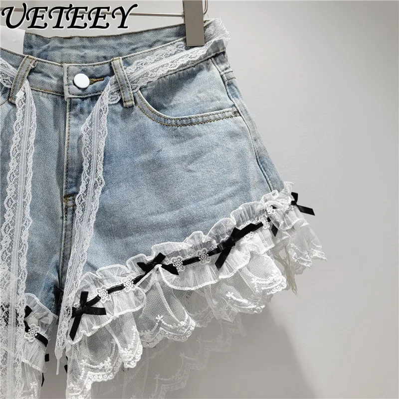 Light Color High Waist Lace Mesh Casual Denim Shorts Jeans Women's Summer Fashion Foreign Style Sweet A-line Wide Leg Hot Pants