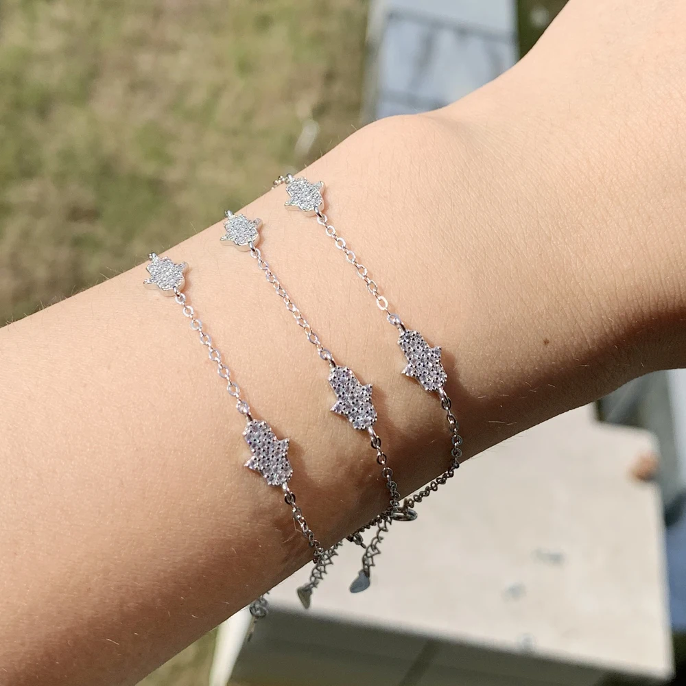 100% 925 Sterling Silver Fatima Hand Hamsa paved AAA cubic zirconia tiny delicate adjustable Bracelets for Women Simple Jewelry